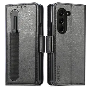 Avec stylet Pen Pocket Leather Hard Back Phone Case For Samsung Galaxy Z Fold 5 Protective Skin Cover Wallet Case