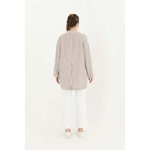 Puane Women's Striped <b>Linen</b> Jacket for Summer Evenings, Lightweight Casual Outerwear, Brown - 10433CKT - Product Image 2