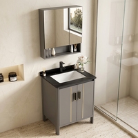 Meuble-lavabo de salle de bain moderne noir et or en aluminium, avec vasque encastrée en pierre frittée, miroir intelligent LED anti-buée et armoire