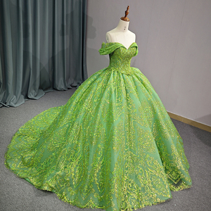 Robe de bal scintillante élégante verte brillante à épaules dénudées, robe de soirée coupe cœur 6727-1 - Product Image 6
