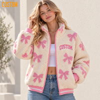 Veste en polaire Sherpa pour femme avec broderie de nœuds, appliqués, patchwork, surpiqûres, fermeture éclair intégrale, poignets et ourlet côtelés, manteau d'hiver