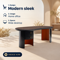 Bureau de direction minimaliste et luxueux en bois, combinaison laque noire et cuir pleine fleur, table de patron pour bureau