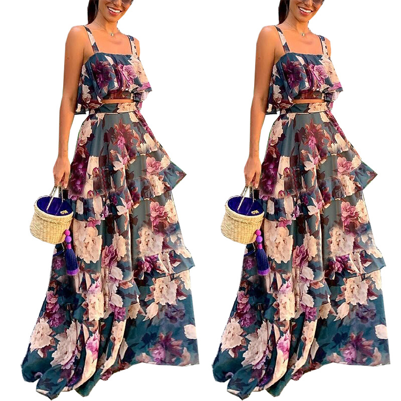 Floral Printing Chiffon Suspender Top And Lotus Leaf Maxi Dress Summer Elegant Women's 2 Piece Set Dress For Women