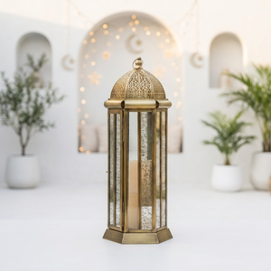 2027 Ramadan Home Decoration Tall Brass Antique Metal <b>Moroccan</b> Handmade Candle <b>Lantern</b> with Mercury Glass - Product Image 2