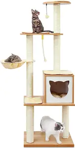 Modern Large Cats Climbing Multi-Level Tall Cat Tower Tree House With Hammock For Kitten Play Real Wood Cat Tree