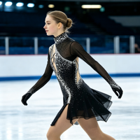 Robe de patinage sur glace noire scintillante avec strass, manches longues transparentes, pour enfants et adultes, compétition et spectacle