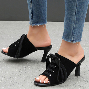 Low Price Women Suede High Heels Stiletto Summer <b>Open</b> Toe on Mules Shoes Dress Front Lace <b>up</b> Pumps - Product Image 5