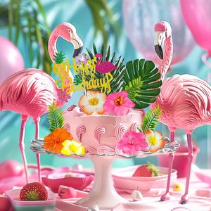 Décorations de gâteau Hawaïennes <span class=keywords><strong>avec</strong></span> <span class=keywords><strong>fleurs</strong></span>, feuilles de palmier et <span class=keywords><strong>fleurs</strong></span> d'hibiscus pour anniversaires sur le thème des flamants roses - Product Image 5