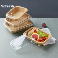 Boîte à lunch rectangulaire en papier kraft jetable, couvercle convexe hautement transparent, compatible micro-ondes, boîte à emporter pour fruits, desserts, gâteaux