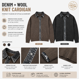 Cardigã Masculino de Tricô com Gola Jeans, Efeito Vintage Lavado, Patchwork e Botões de Pressão – Jaqueta de Tricô Personalizada OEM - Product Image 2
