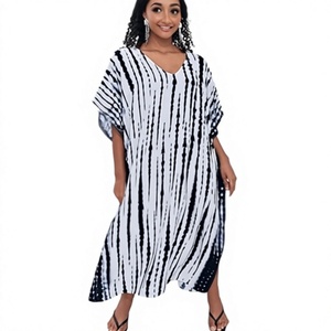 V-Neck Tie Dye Striped Maxi Dress Cap Sleeve Loose Boho <b>Summer</b> Casual <b>Kaftan</b> With Pockets Asymmetrical Hem - Product Image 1