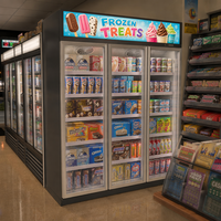 Congélateur vertical vitré 3 portes, vitrine commerciale pour aliments surgelés, éclairage LED, contrôle numérique, congélation rapide