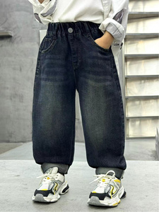 Pantalon en denim à poches brodées pour garçons, coupe droite et ample, avec ceinture élastique, style décontracté pour adolescents, confort en toutes saisons, - Product Image 1