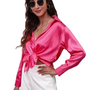Women Satin Blouse Tops Long Sleeve Ribbon Bow Tie Loose Blouse Long Sleeve Shirt 10% Casual Turn Down Collar Fake Silk Summer