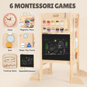 Tour en bois pliable en 2 étapes, 6 jeux d'activités Montessori, tabouret de cuisine pour tout-petits, hauteur réglable, filet de sécurité, chaise pour enfants - Product Image 3