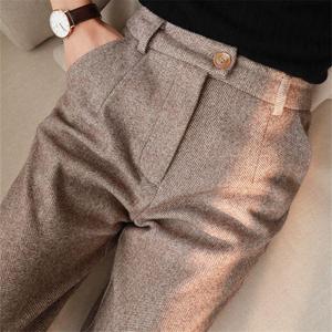Pantalones Palazzo de lana de espiga 2025 para mujer, <span class=keywords><strong>monos</strong></span> <span class=keywords><strong>ajustados</strong></span> de cintura media de cintura alta, Pantalones rectos informales planos para primavera y otoño - Product Image 6