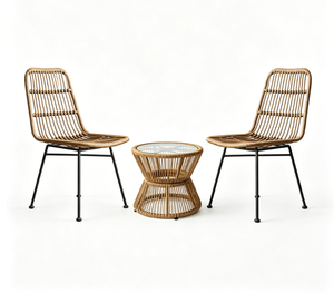Ensemble de 3 chaises de bistrot en rotin synthétique résistant aux intempéries, avec structure en métal noir et plateau en verre, style bohème, en promotion, pour balcon - Product Image 1