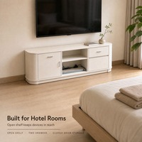 Meuble TV moderne crème écologique avec étagères ouvertes, panneaux latéraux, console multimédia et tiroirs pour chambre, salon, petit appartement, salle à manger