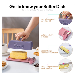 Beurrier en céramique rose et violet contrastant avec couteau, boîte de rangement pour fromage pour la maison et le restaurant - Product Image 4
