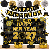 Kit de Décoration de Fête du Nouvel An Transfrontalier, Bannière Noire et Dorée du Réveillon du Nouvel An 2027, Toile de Fond, Décorations Spirales, Table