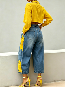 2026 <strong>Women</strong> <strong>Yellow</strong> Floral Print Cropped Wide Leg <strong>Jeans</strong> High Waist Light Wash Loose Ankle Denim <strong>Jeans</strong> - Product Image 4