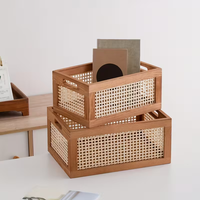 Boîte de rangement en bois de pin en vente chaude, panier de rangement en bois de rotin vintage, organisateur de livres tissé à la main en bois
