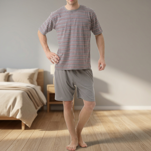 Ensemble de pyjama décontracté à manches courtes pour homme en jersey tricoté 100 % coton teint en fil, rayé, 160 g, confortable et respirant - Product Image 2