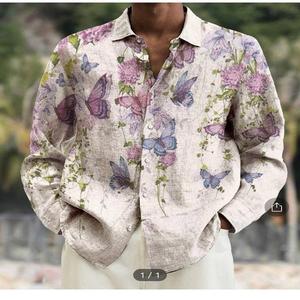 Camisas Casuales de Manga Larga con Cuello Mao para Hombre, Antiarrugas, Popelina, Estampado por Descarga, Transpirables, 100% Algodón - Product Image 6