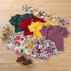 2023 new wholesale baby girl clothes outfits short sleeve ruffle tops girls pants kids clothing 2 pcs set