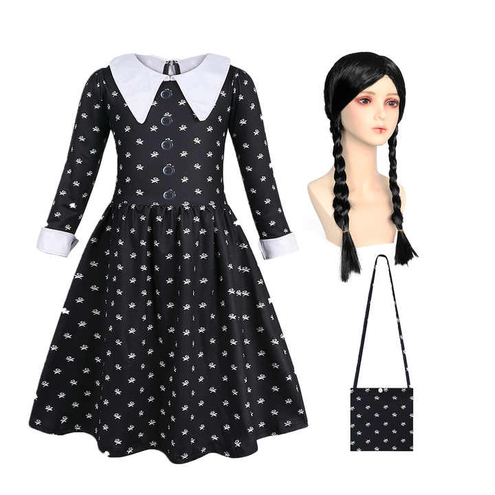 Wednesday Addams Girls Costume Long Sleeve Dress, Medium