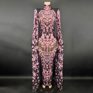 Abiti da damigella d'onore eleganti con strass rosa a <span class=keywords><strong>maniche</strong></span> <span class=keywords><strong>lunghe</strong></span> in rete nera - Product Image 1