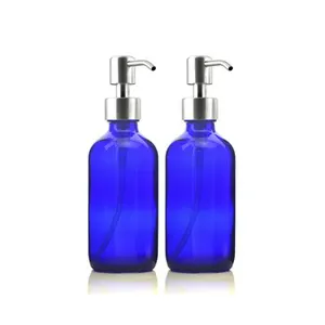 custom 8 Oz Cobalt Blue Boston Glass Bottle w/ Stainless Steel Lotion Pump for Kitchen Bathroom Liquid Soap Essential oil 250ml