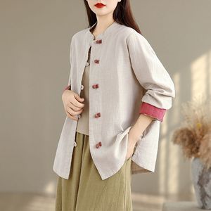 Chinese Style Color Blocked Button Down Long Sleeve Shirt <b>Women</b> Cotton <b>Linen</b> Top Spring Autumn <b>Cardigan</b> Jacket Orange Brown - Product Image 2