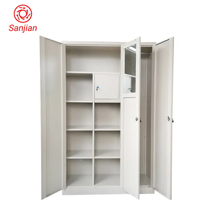 Sanjian 3 दरवाजा सफेद रंग धातु सौंदर्य अग्निरोधक बेडरूम का उपयोग दाखिल भंडारण कैबिनेट लॉकर अलमारी कुंजी के साथ और दर्पण