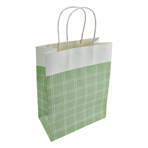 Bolsa de Papel Kraft Blanca con Cuadros Azules para Regalo, con Asa, en Stock, para Compras y Llevar Comida - Product Image 1