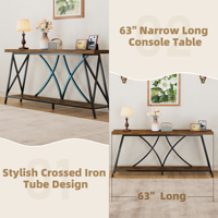 Table console étroite de 63 pouces de long avec structure en tube de fer croisé en X, table de canapé industrielle à 2 niveaux pour entrée, salon ou couloir