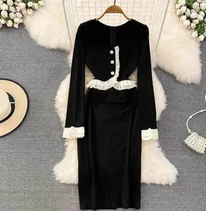 LY6869 gaun elegan leher V warna hitam Chic Eropa baru 2024 pakaian gaun malam wanita 2