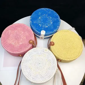 factory wholesale fashion indonesia hand made knitting round rattan bag