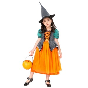 Costume de petite sorcière, robe orange avec chapeau pour filles de 8 à 13 ans, robe de spectacle de cosplay d'Halloween en fibre de polyester - Product Image 5