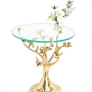 Nature Inspired Bird On Branch <b>Glass</b> Top Iron Accent Side <b>Table</b> Antique <b>Gold</b> Look Eco Friendly Living Room - Product Image 1