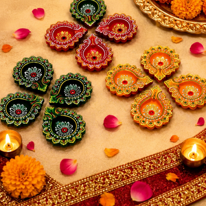 Juego de Diyas de Arcilla Hechos a Mano Kumkum para Diwali, Portavelas Decorativos Tradicionales en Colores Rojo, Verde y Naranja para Uso en Interiores - Product Image 1