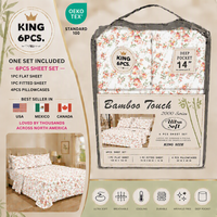Lot de 6 draps unis en bambou 100 % toucher doux, avec poches profondes, pour lits Queen et King Size