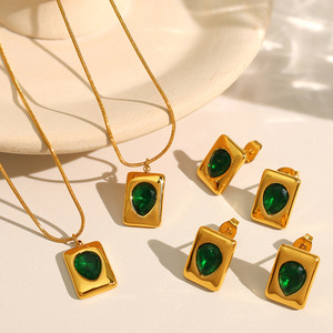 Elegante Juego de Collar Geométrico Verde Esmeralda, Acero Inoxidable, Chapado en Oro de 18K, Joyería de Fiesta para Mujer - Product Image 1
