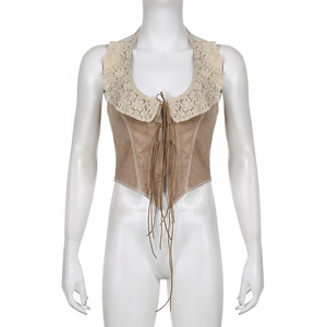 Nouveau style américain dentelle point irrégulier cravate haut court fille licou dos nu bas hauts courts pour l'été - Product Image 4