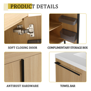 Meuble-lavabo autoportant de 60 po avec double vasque <span class=keywords><strong>en</strong></span> résine, 4 portes à fermeture amortie et 3 étagères ouvertes, emballage KD, contreplaqué - Product Image 5