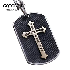 Real Solid 925 Sterling Zilveren Hanger Vintage Zeven Sins Stempelen Dog Tags Jesus Cross Gesneden Christian Mannen Sieraden