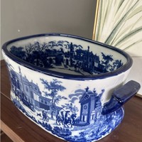 Pot de fleur en céramique vintage d'Angleterre pour une utilisation intérieure/extérieure dans le jardin de pépinière Jardinière élégante pour la maison peinte à la main bleu blanc