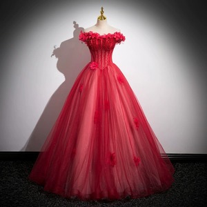 Red Off Shoulder Ball Gown Dress Floral Tulle Skirt Performance Attire Host Vocal Exam Annual Meeting Dress - Product Image 2