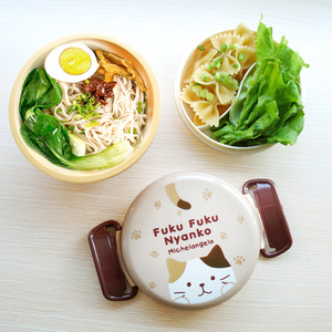 Fuku Fuku Nyanko Round Bento <b>Box</b> Double Layer <b>Plastic</b> <b>Lunch</b> <b>Box</b> For Children With Cat Design - Product Image 1