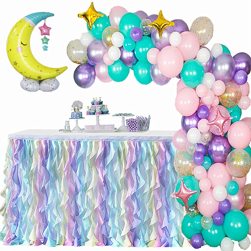 Unicorn Curly Willow Table Skirt Baby Shower Iridescent Mermaid 6ft Tulle Tutu Table Skirt